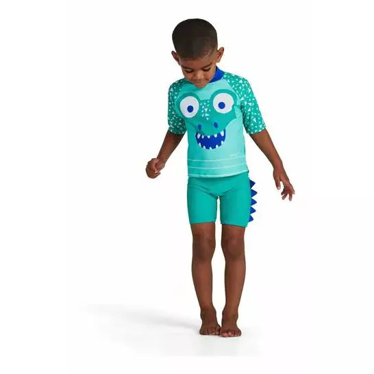 Boys Speedo Green Croc Effect Jammer Rash Top Set